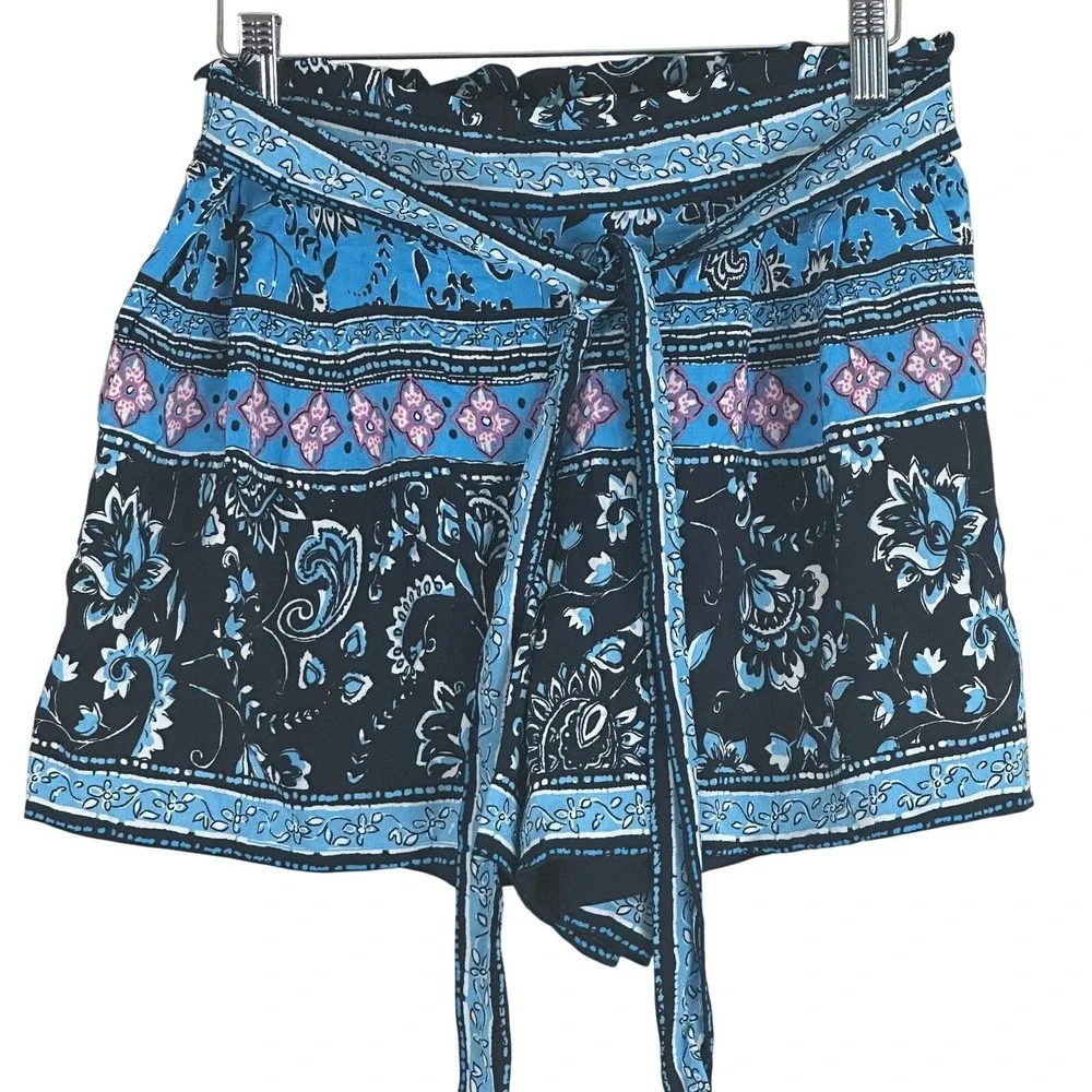 LOFT Paisley Floral Border Print Paperbag Tie Waist Shorts Blue Gypsy Hippie XS